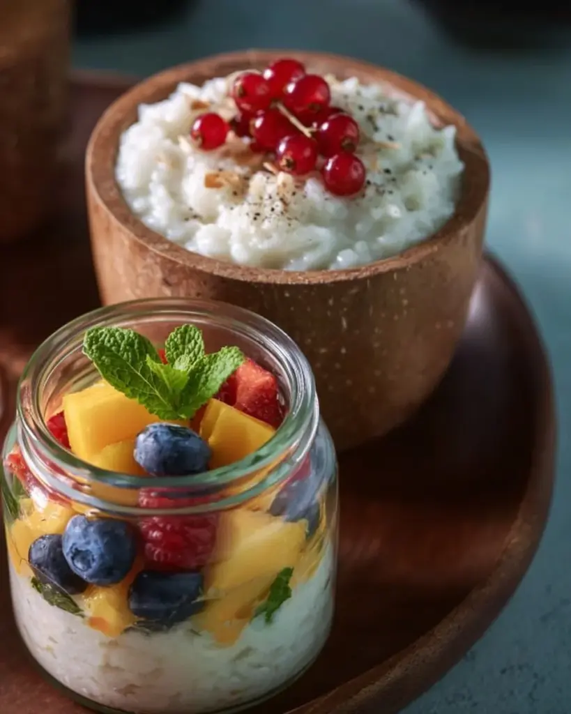 Schüssel mit cremigem Kokosmilchreis, garniert mit frischen Früchten