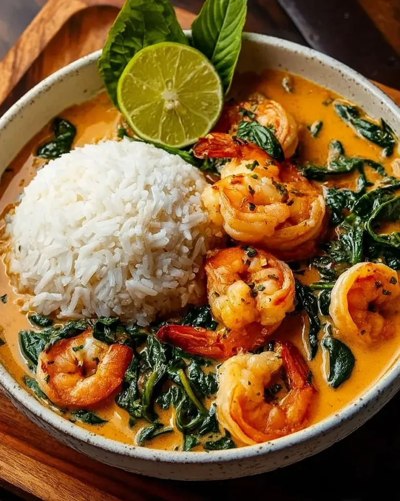 Schüssel mit Kokosnuss-Curry, Garnelen und Jasminreis