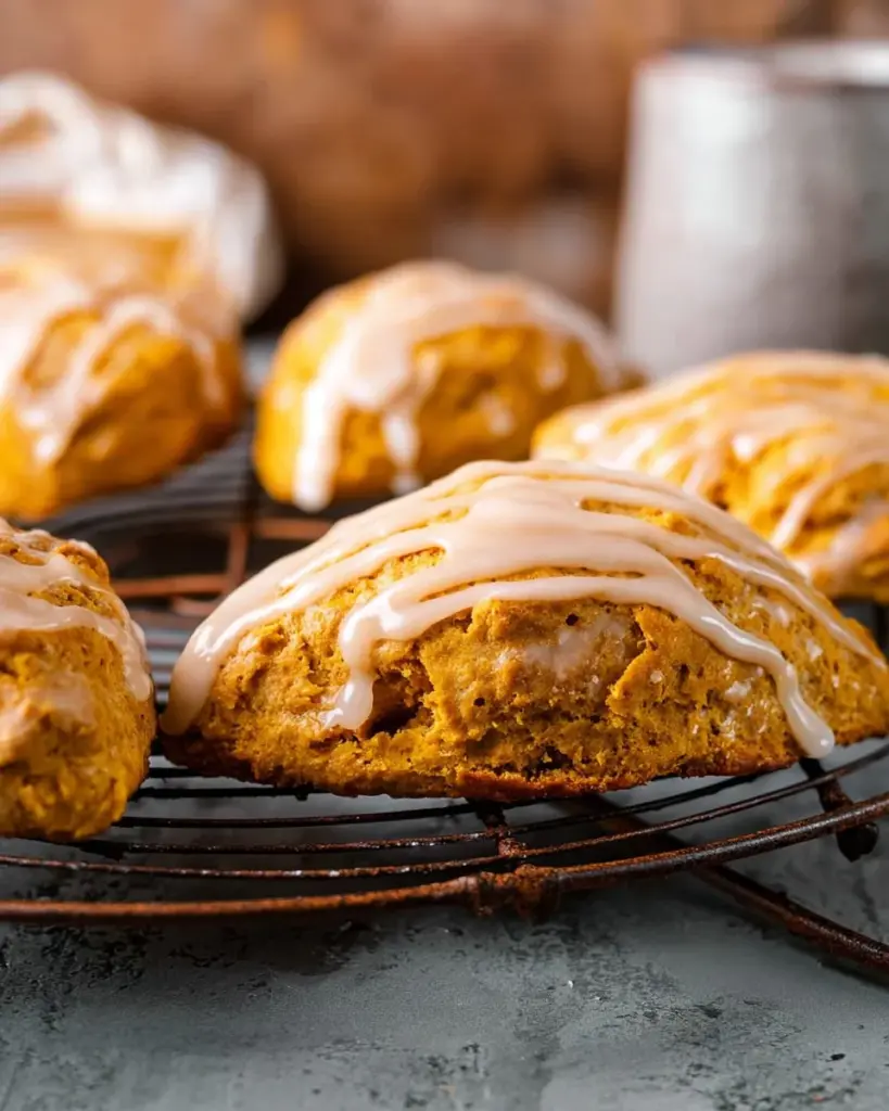Kürbis-Scones mit Vanilleglasur auf einem rustikalen Holzbrett