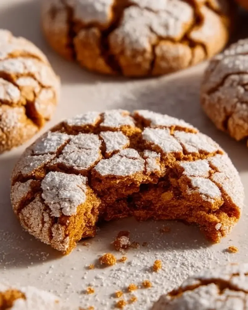 Lebkuchen-Crinkle-Kekse auf einem rustikalen Holzbrett dekoriert mit Puderzucker.