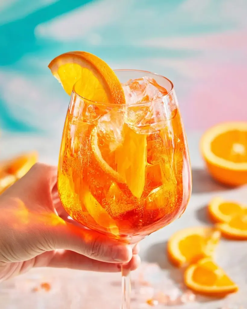Ein erfrischender Aperol Spritz in einem Glas mit Zitrusfrüchten und Minze