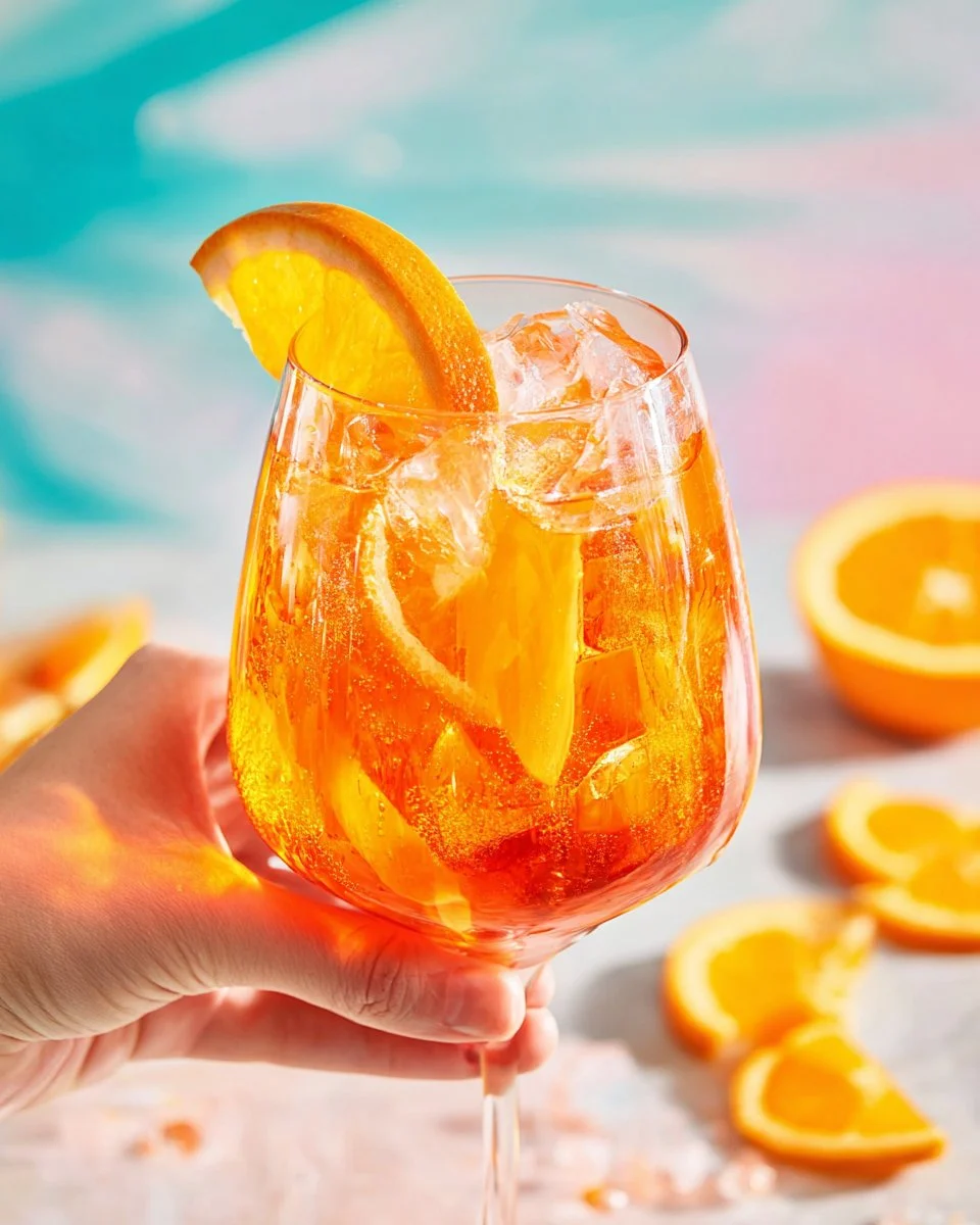 Ein erfrischender Aperol Spritz in einem Glas mit Zitrusfrüchten und Minze