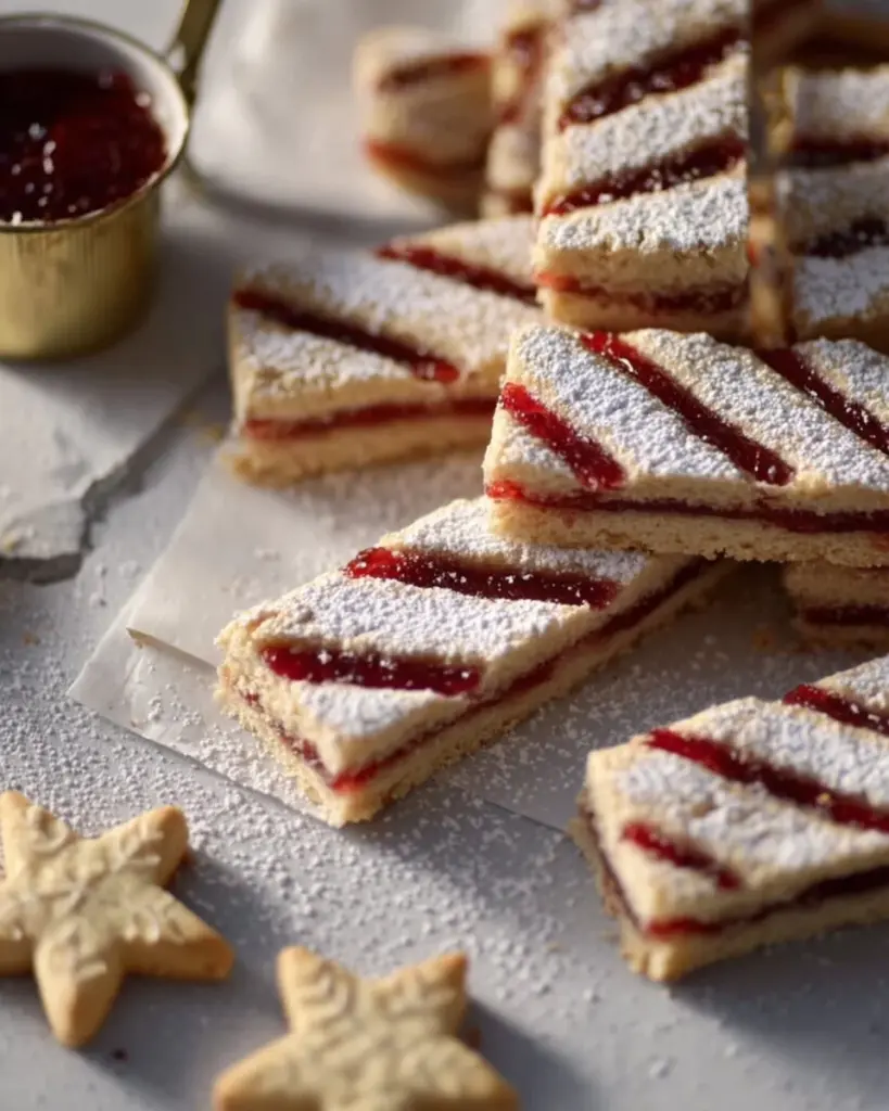 Leckere Linzer Streifen gebacken mit Marmelade und Nüssen.