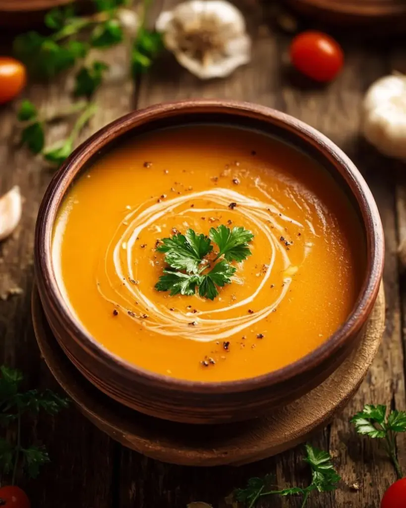 Schüssel mit Omas leckerer Kürbissuppe, dekoriert mit frischen Kräutern.