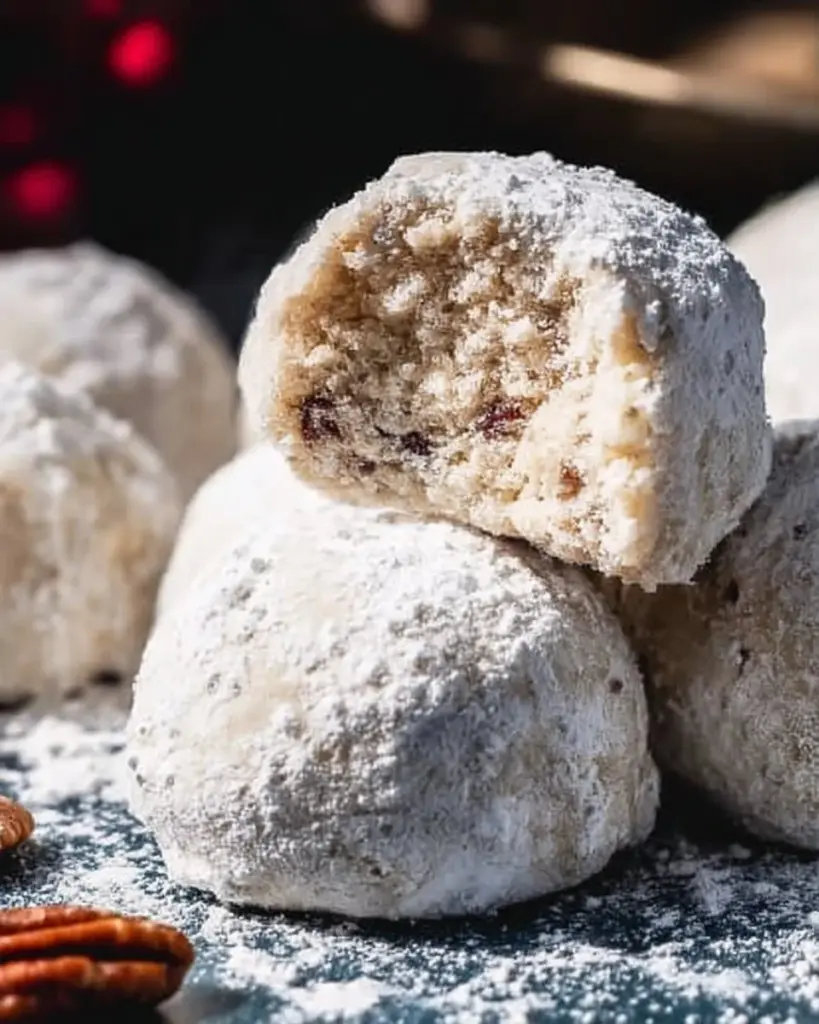 Pecan Schneeball-Kekse auf einem Teller, dekoriert mit Puderzucker.