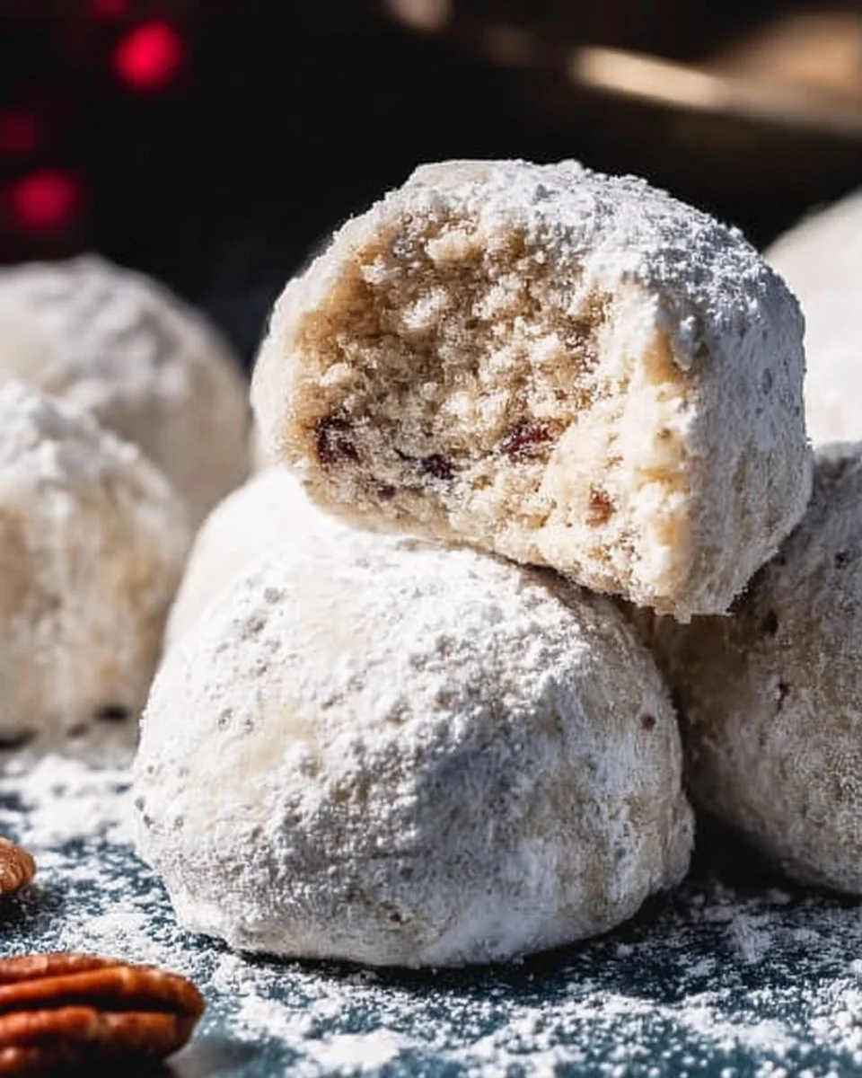 Pecan Schneeball-Kekse auf einem Teller, dekoriert mit Puderzucker.