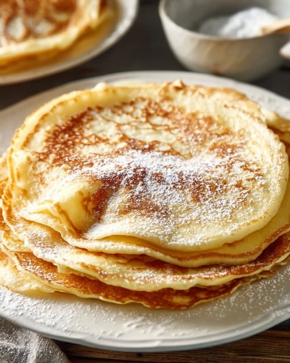Delizioso Pfannkuchen auf einem Teller mit frischen Beeren und Puderzucker