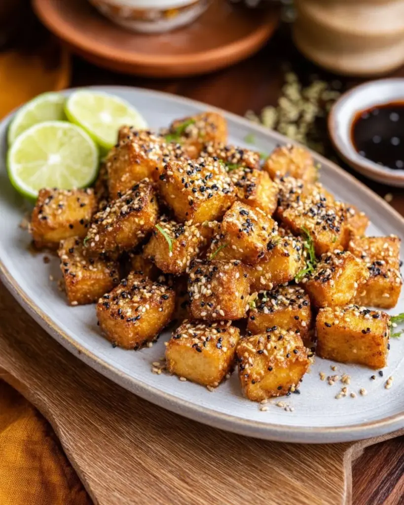 Schüssel mit Räuchertofu auf einem Holzbrett, umgeben von frischen Kräutern.