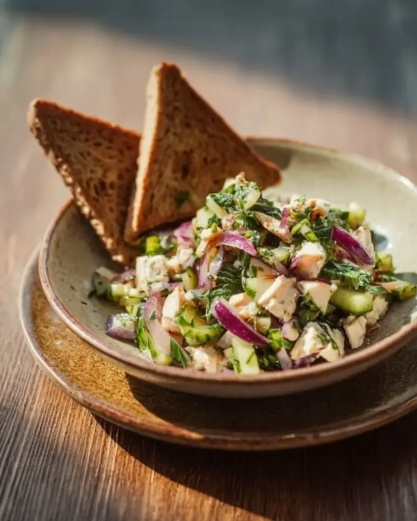 Gesunder Räuchertofu-Wurstsalat auf einem Teller mit frischen Zutaten