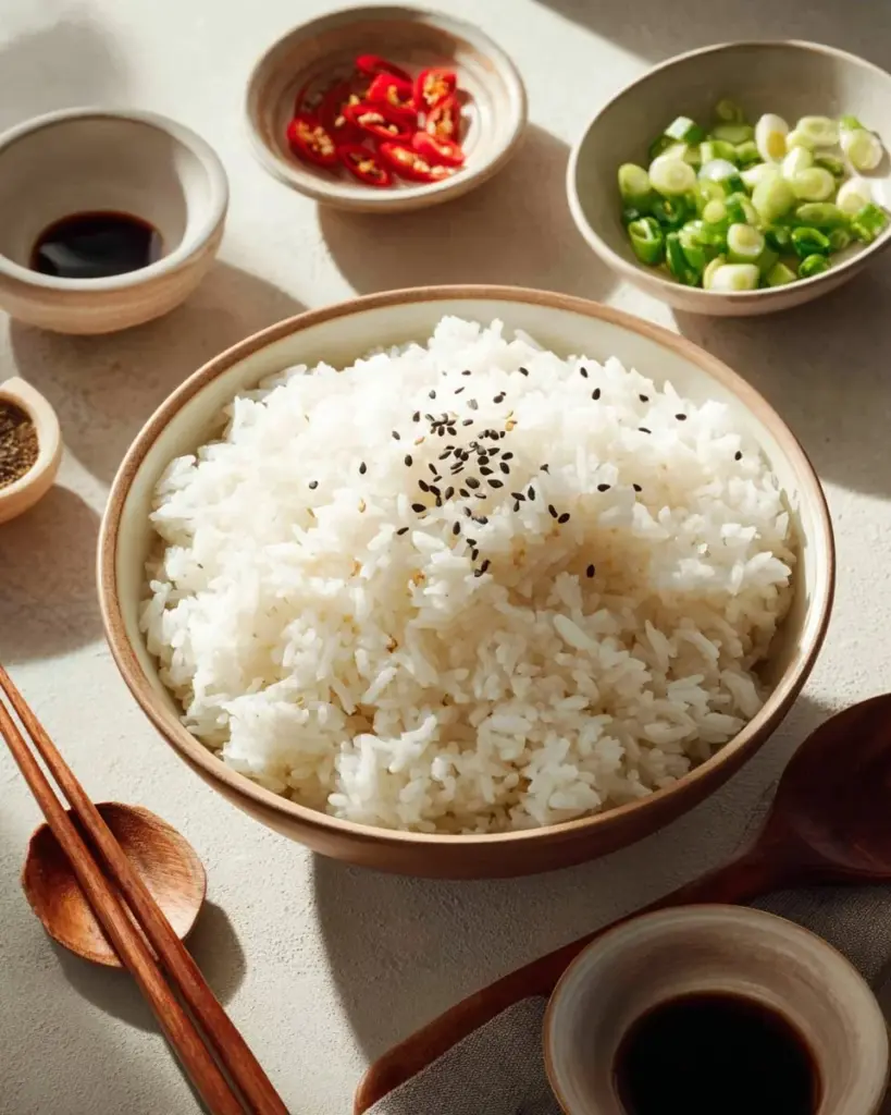 Schüssel mit gekochtem Reis für Sushi-Zubereitung