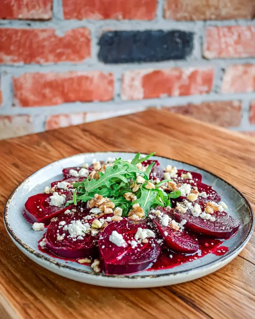 Rote-Bete-Salat mit Himbeer-Dressing auf einem Teller, präsentiert mit frischen Zutaten.