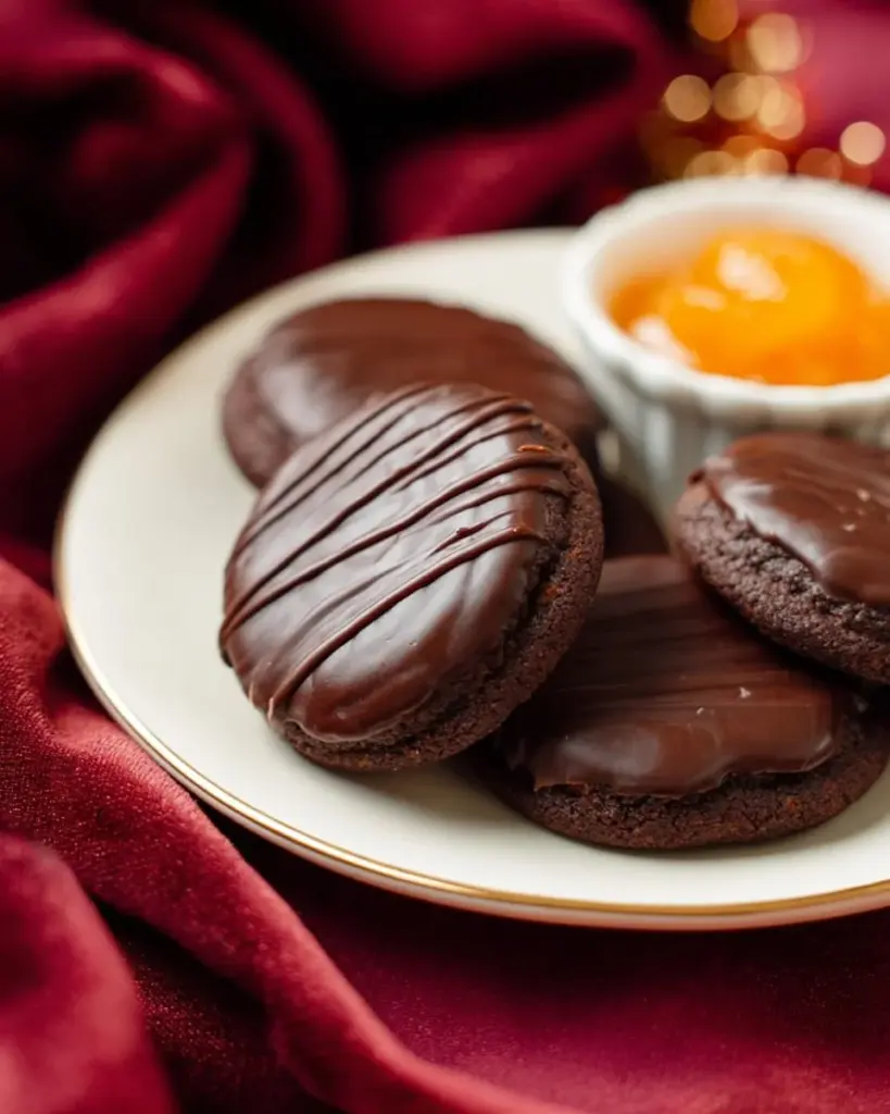 Leckere Sacherkekse mit Schokolade und Marmelade auf einem Teller