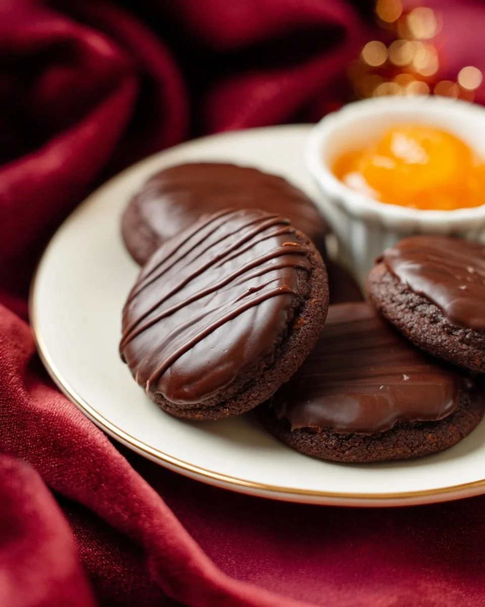 Leckere Sacherkekse mit Schokolade und Marmelade auf einem Teller