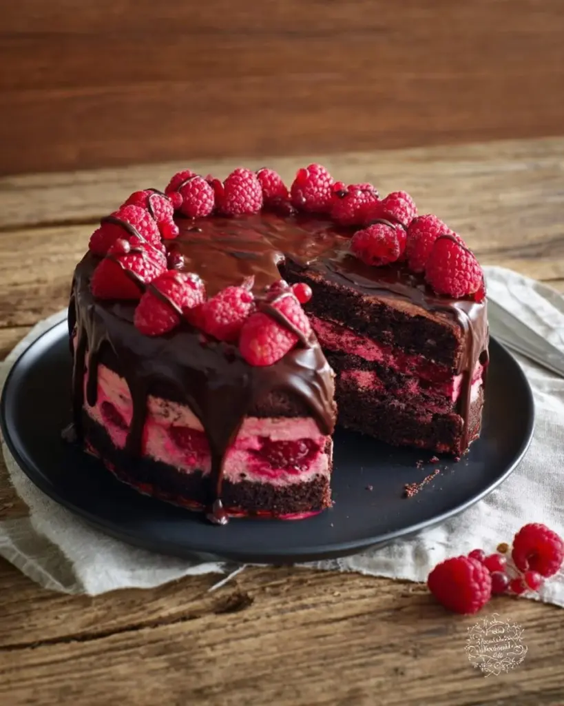 Saftige Himbeer-Schoko-Torte mit frischen Himbeeren und Schokoladenglasur