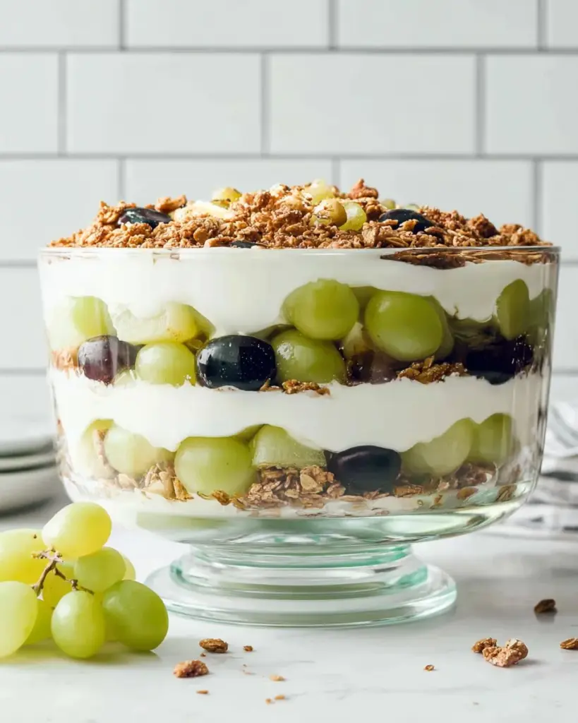 Leckeres Schichtdessert mit frischen Trauben und cremigem Schichten.