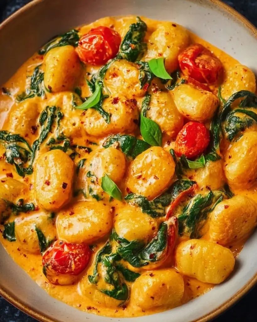 Leckere Gnocchi-Pfanne mit frischen Tomaten und Spinat auf einem Teller