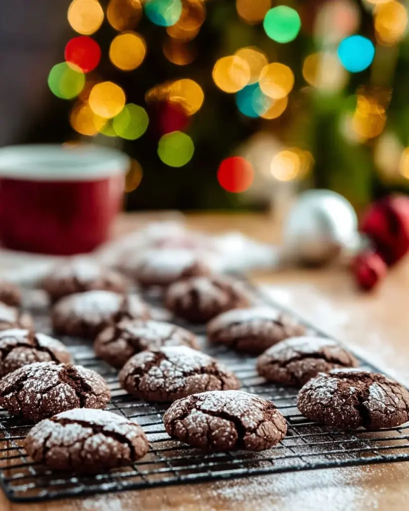 Schokoladen-Crinkle-Kekse auf einem Teller, frisch gebacken und bestäubt mit Puderzucker