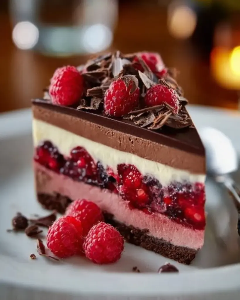 Schokoladen-Himbeer-Mousse-Torte mit frischen Himbeeren und Schokoladenglasur.