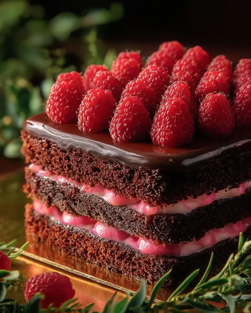 Schnitt einer Schokoladen-Himbeer-Torte mit frischen Himbeeren und Schokoladenglasur