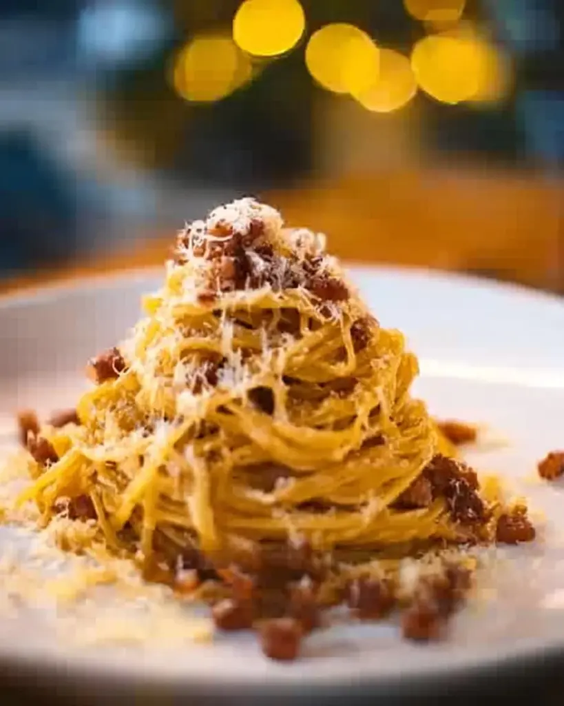 Eine köstliche Portion Spaghetti Carbonara mit Speck und Parmesan.