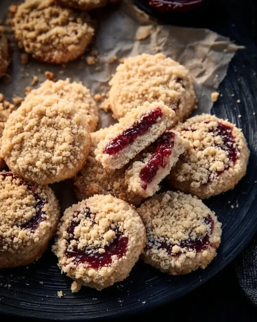 Leckere Streuselplätzchen mit Marmelade auf einem Teller