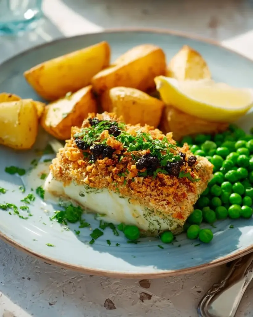 Tofu à la Bordelaise mit Zitronen-Senf-Soße auf einem weißen Teller