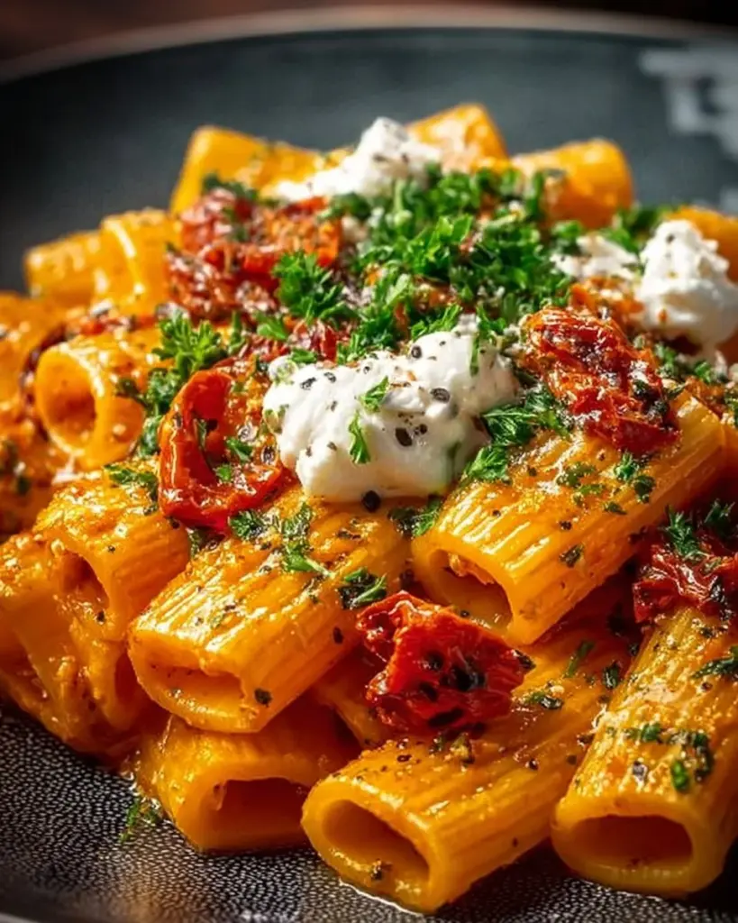 Schüssel mit Tomaten-Knoblauch-Pasta, frisch zubereitet mit Kräutern