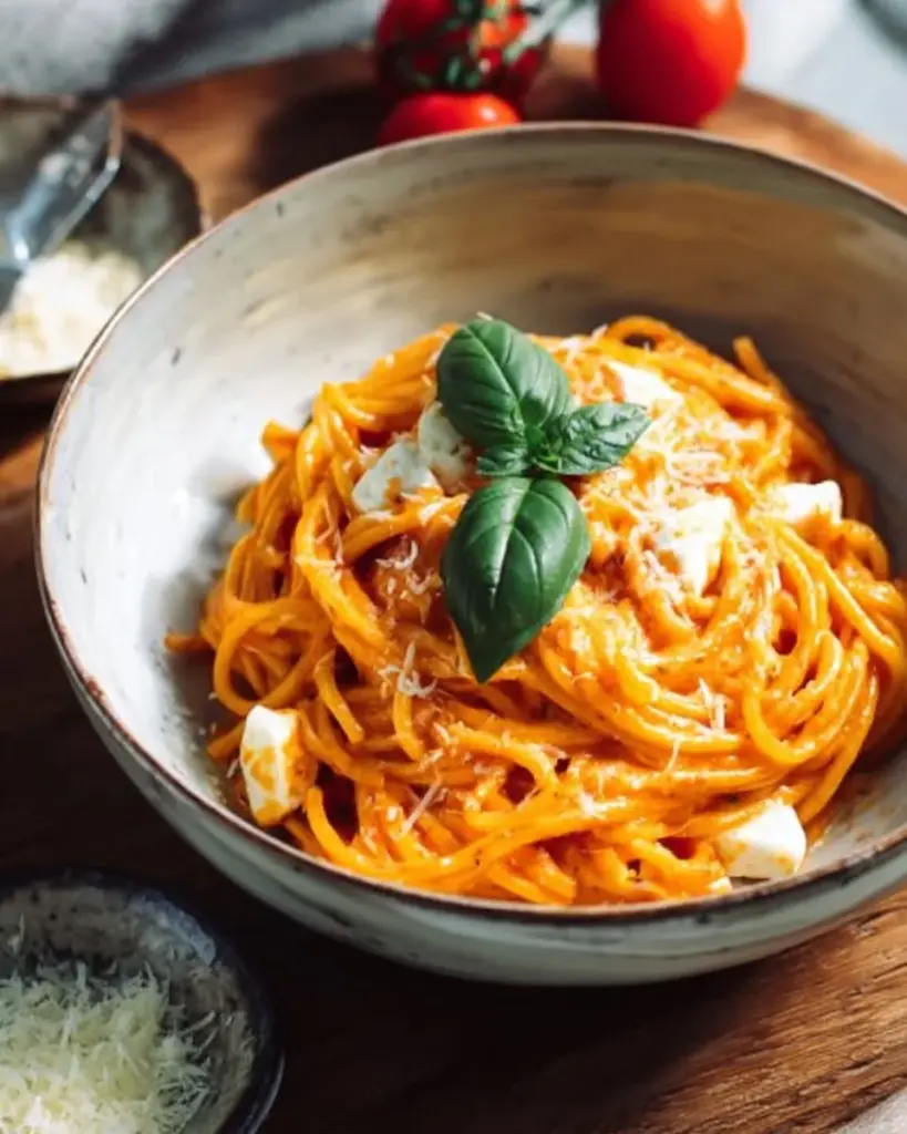 Köstliche Tomaten-Mozzarella-Soße in einer Schüssel, perfekt für Pasta