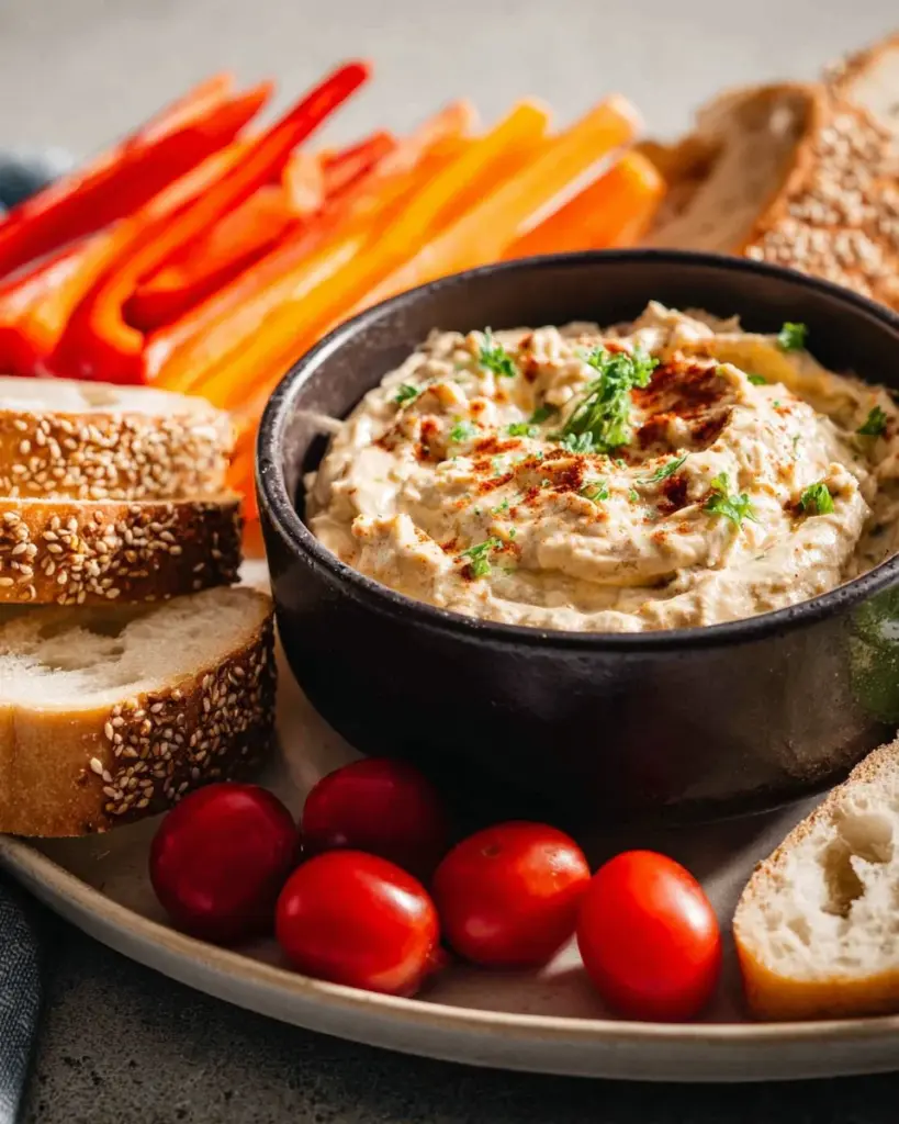 Tomatendip mit Basilikum und Knoblauch in einer Schüssel serviert