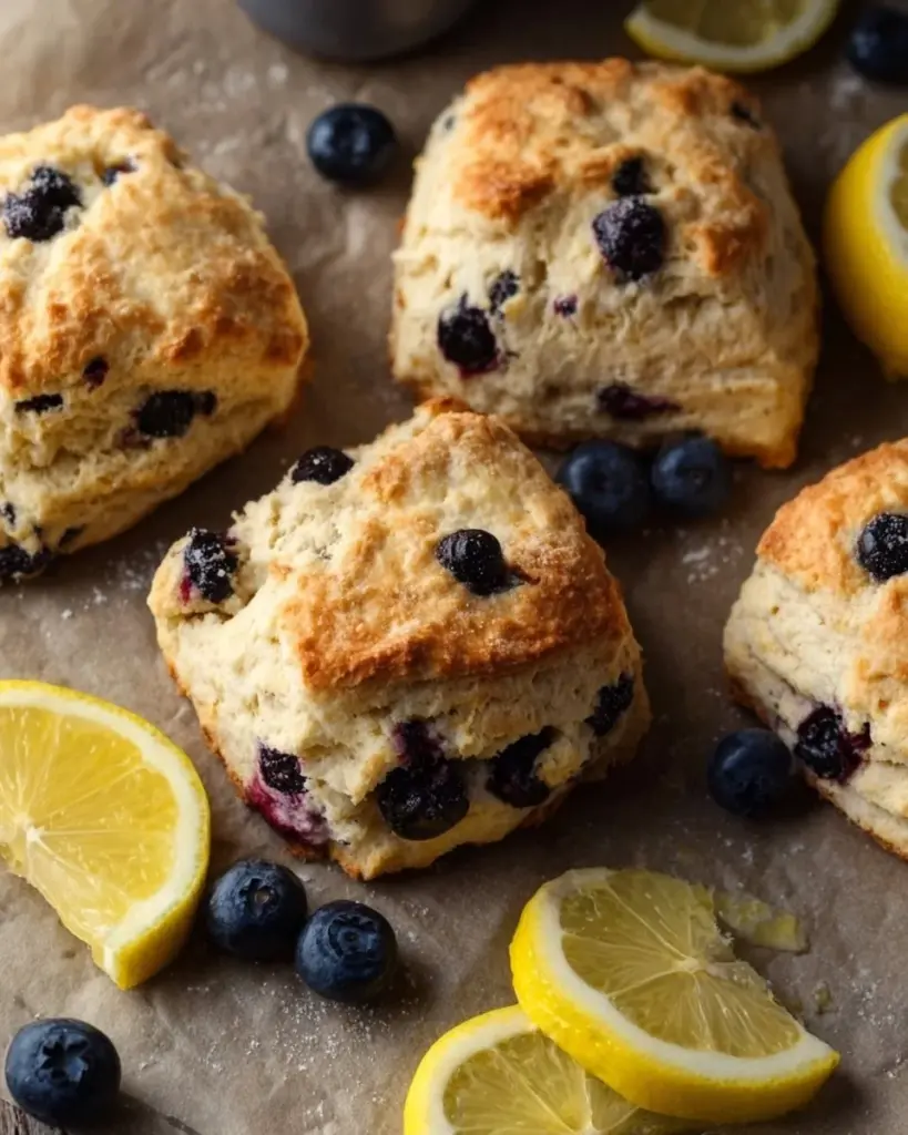 Vegane Blaubeer-Scones auf einem Teller mit frischen Blaubeeren