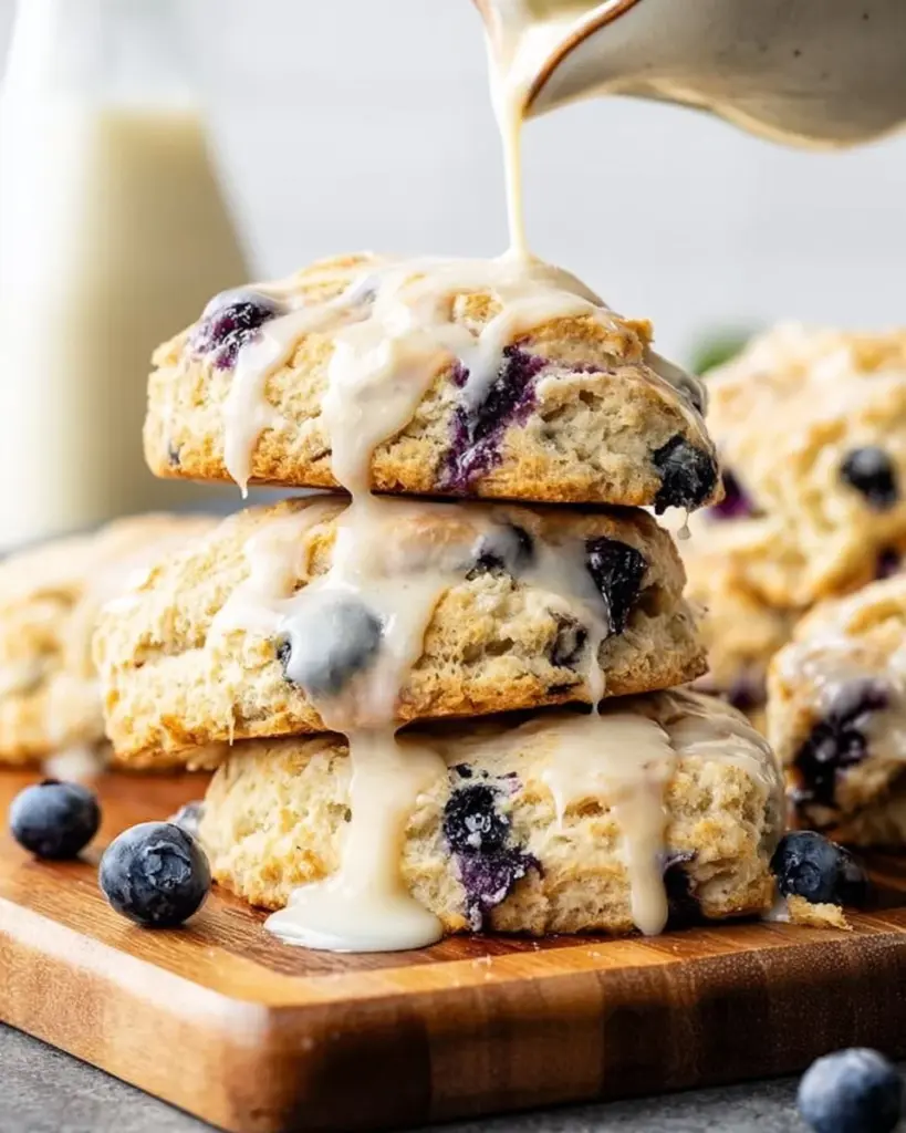 Vegane Blaubeer-Scones auf einem Teller, frisch gebacken und appetitlich dekoriert.