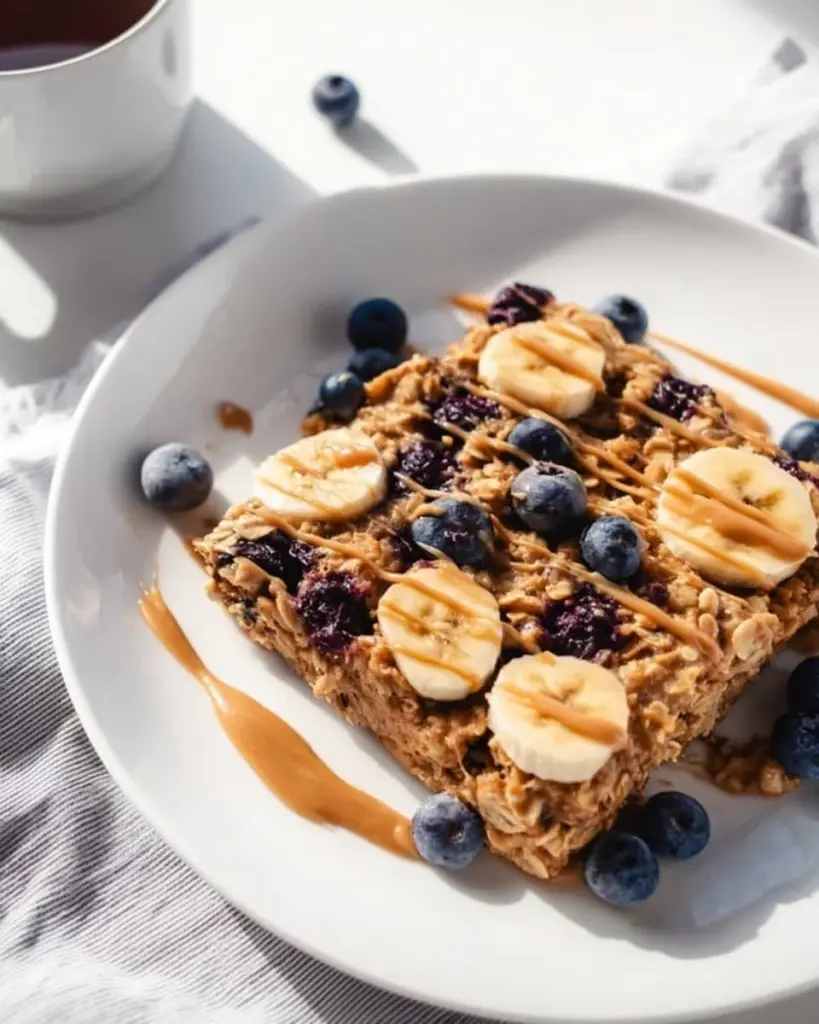 Vegane gebackene Haferflocken auf einem Teller mit frischen Früchten