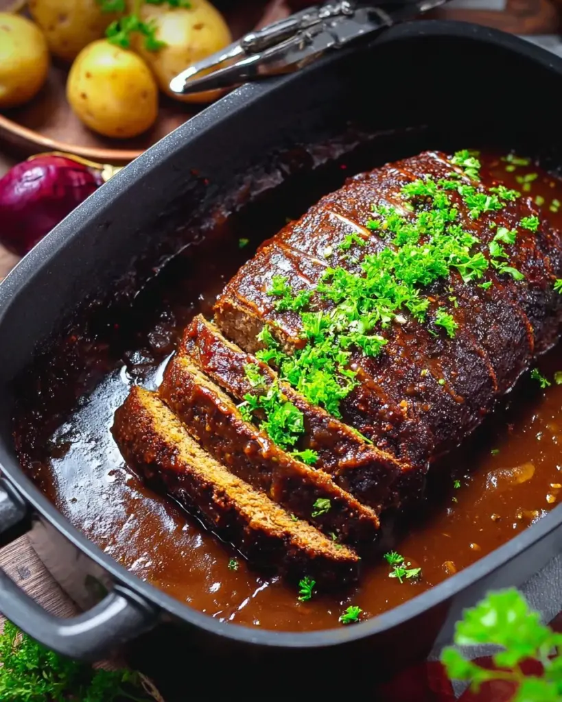 Veganer Schweinebraten auf einem Teller mit Beilagen und Gemüse