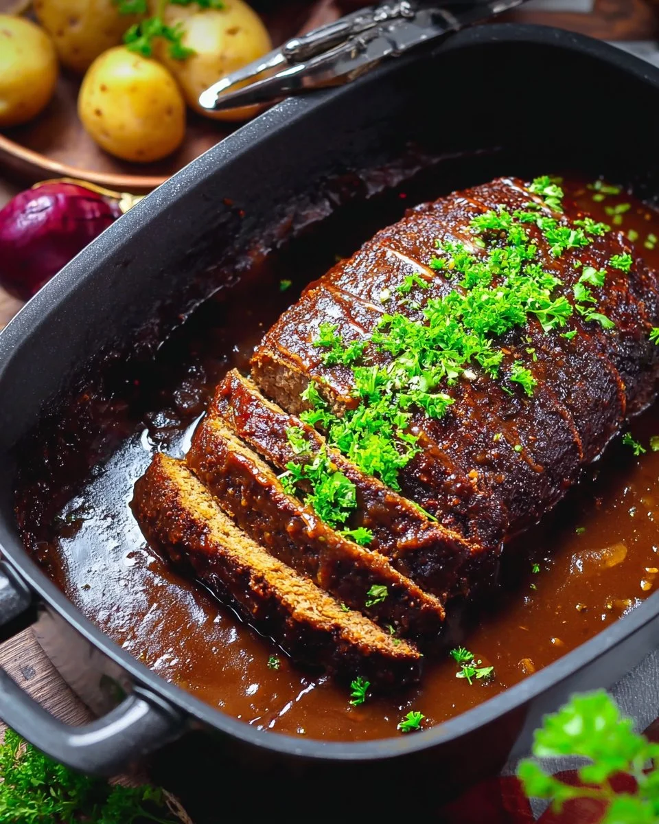 Veganer Schweinebraten auf einem Teller mit Beilagen und Gemüse
