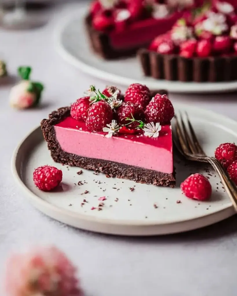 Veganes Himbeer-Schokoladen-Tart mit frischen Himbeeren und Schokolade
