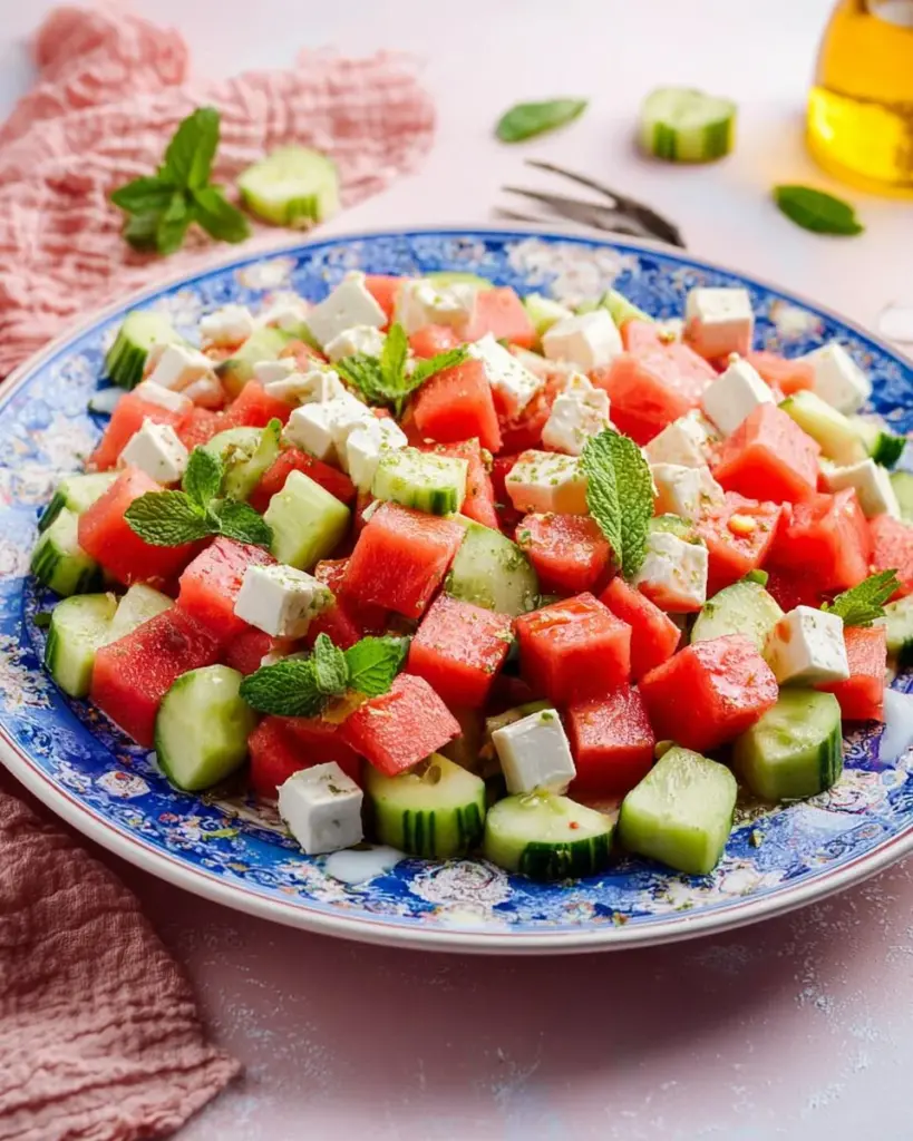 Wassermelonen-Salat mit Feta und Gurke auf einem Teller angerichtet