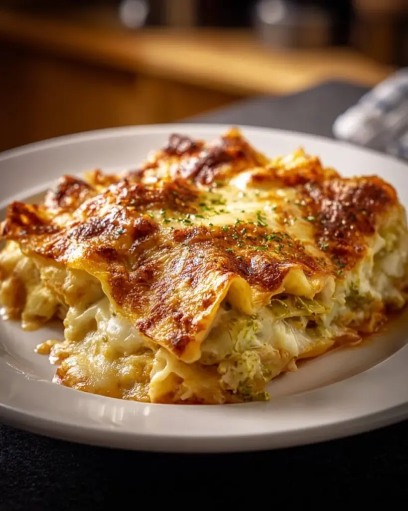 Wirsing-Maultaschen-Auflauf frisch aus dem Ofen serviert mit Kräutern