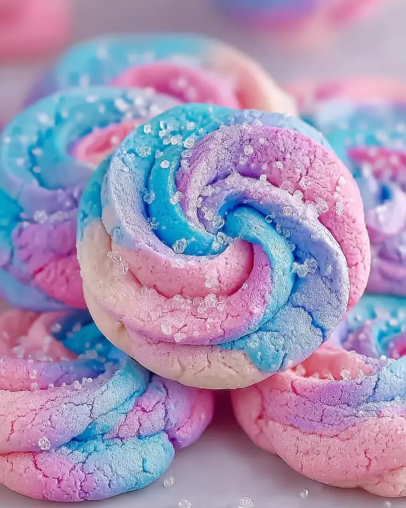 Leckere Zuckerwatte-Kekse auf einem Teller, verziert mit bunten Streuseln.