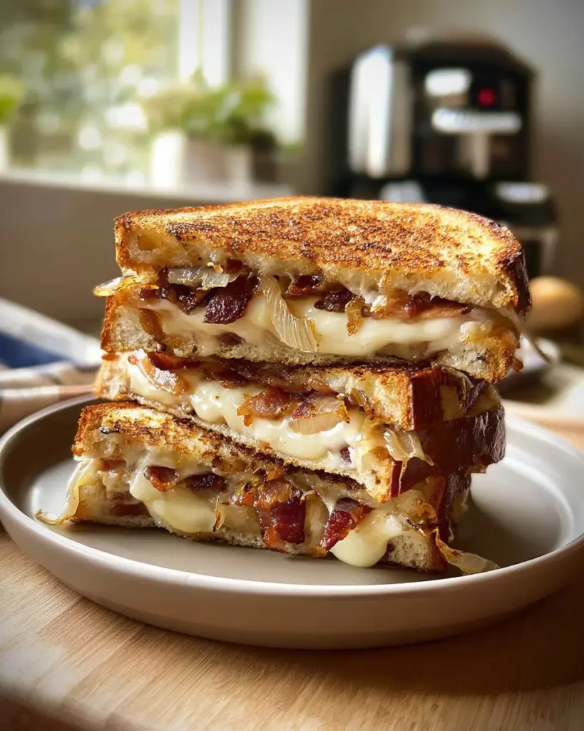 Bacon-Zwiebel-Toastkäse: Leckeres Sandwich mit knusprigem Bacon und geschmolzenem Käse.