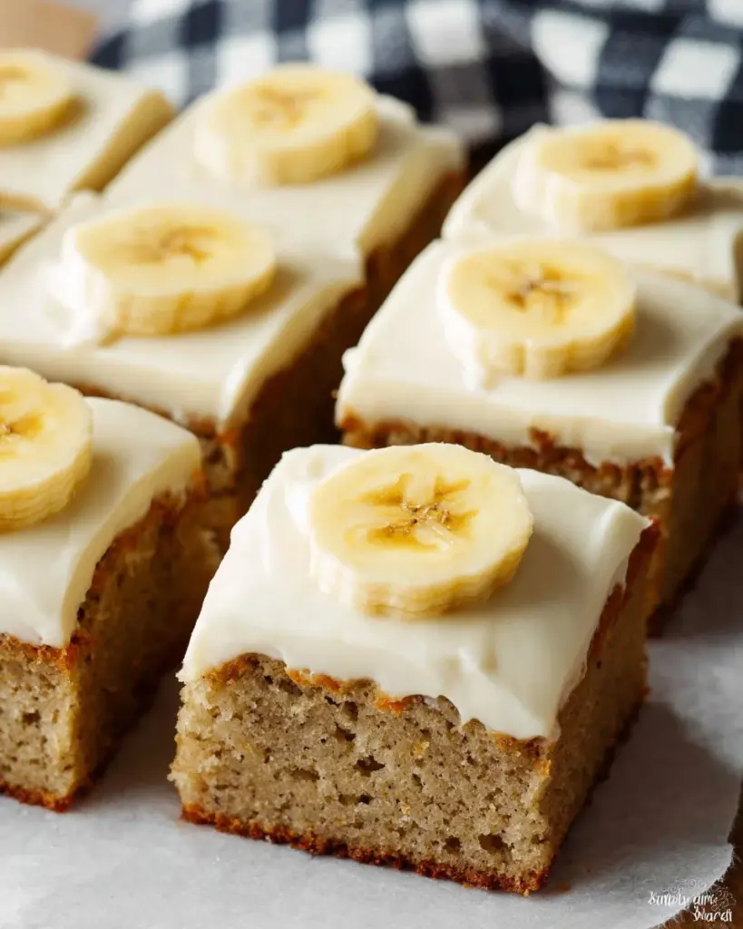 Bananenkuchen mit Frischkäse-Frosting auf einem Teller serviert
