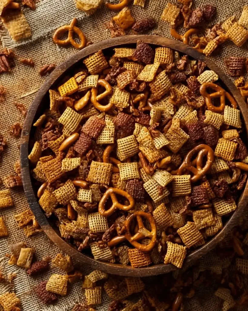 Hausgemachte Chex-Mischung in einer bunten Schüssel zum Snacken.