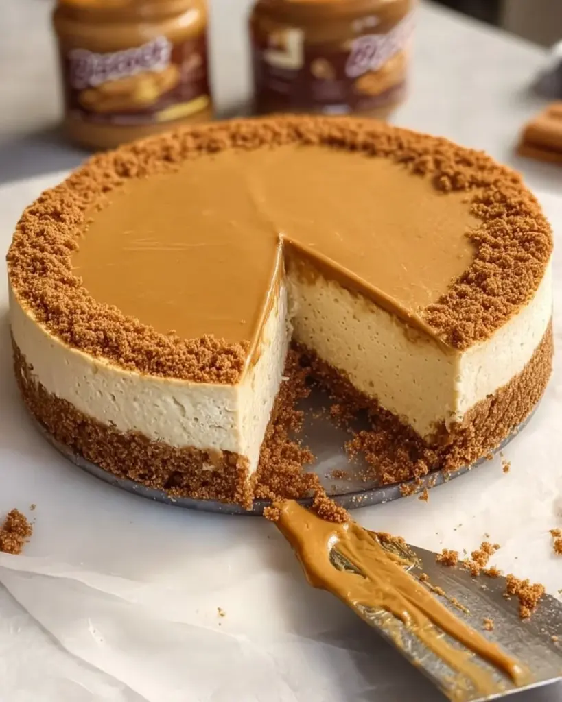 Biscoff Käsekuchen mit Karamell und Biscoff-Keksen auf einem Teller