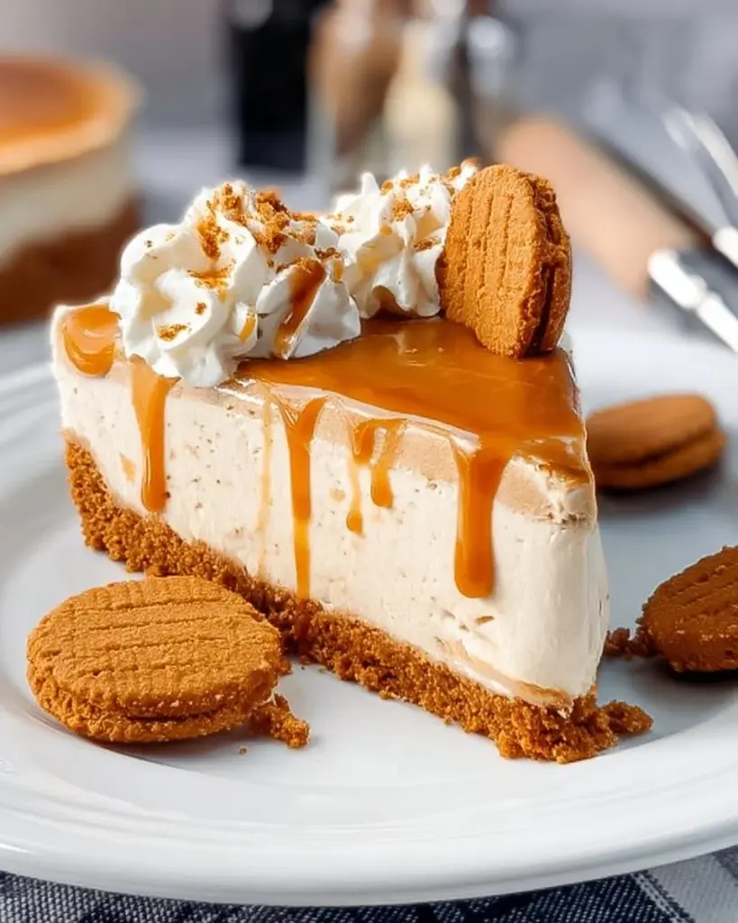 Biscoff-Käsekuchen mit Karamellsoße und Biscoff-Keksen dekoriert.