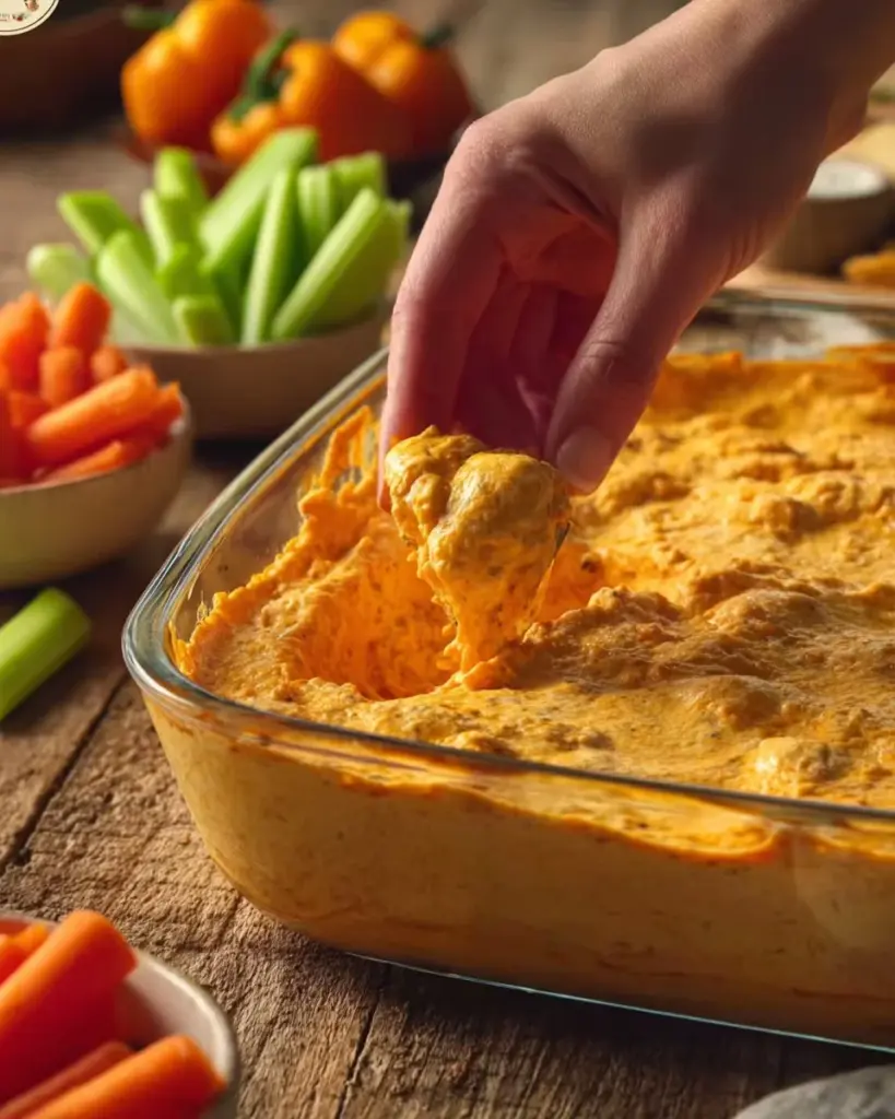 Buffalo-Hühnchen-Dip in einer Schüssel serviert, ideal zum Dippen.