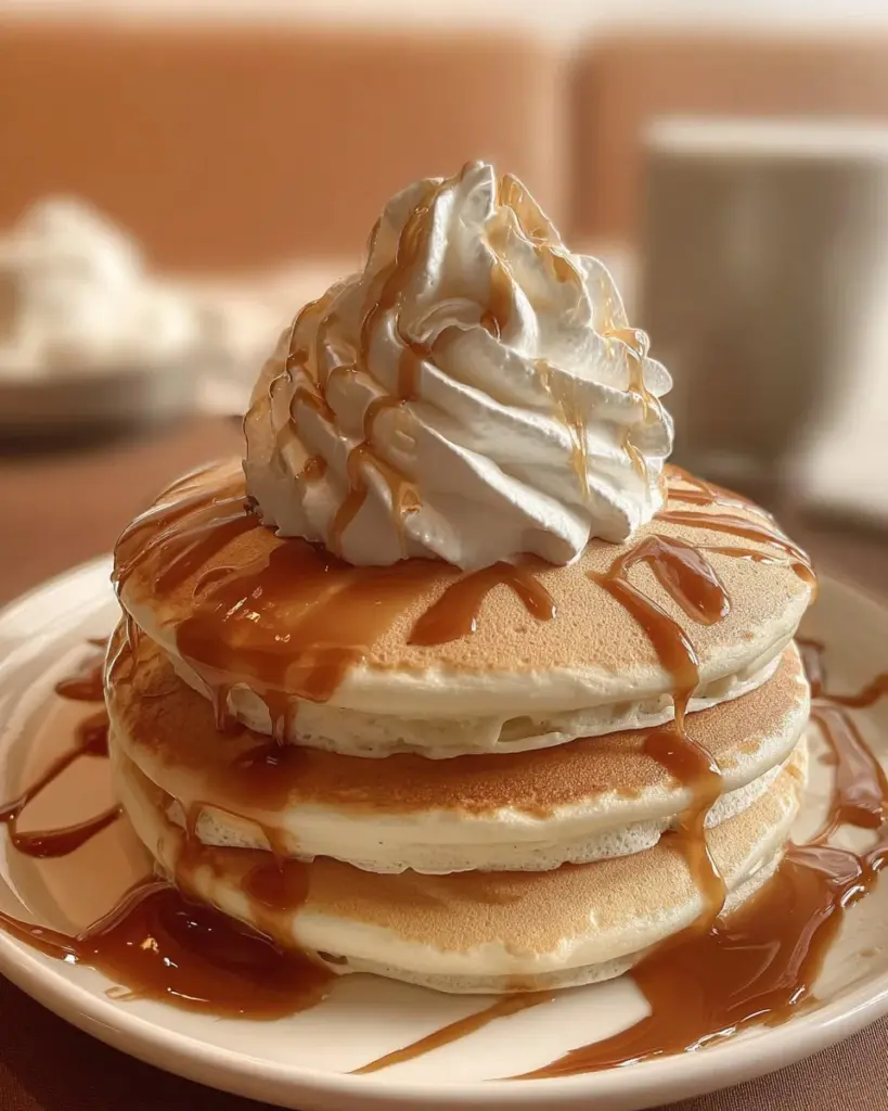 Butterbier-Pfannkuchen auf einem Teller mit Sahne und Karamellsoße