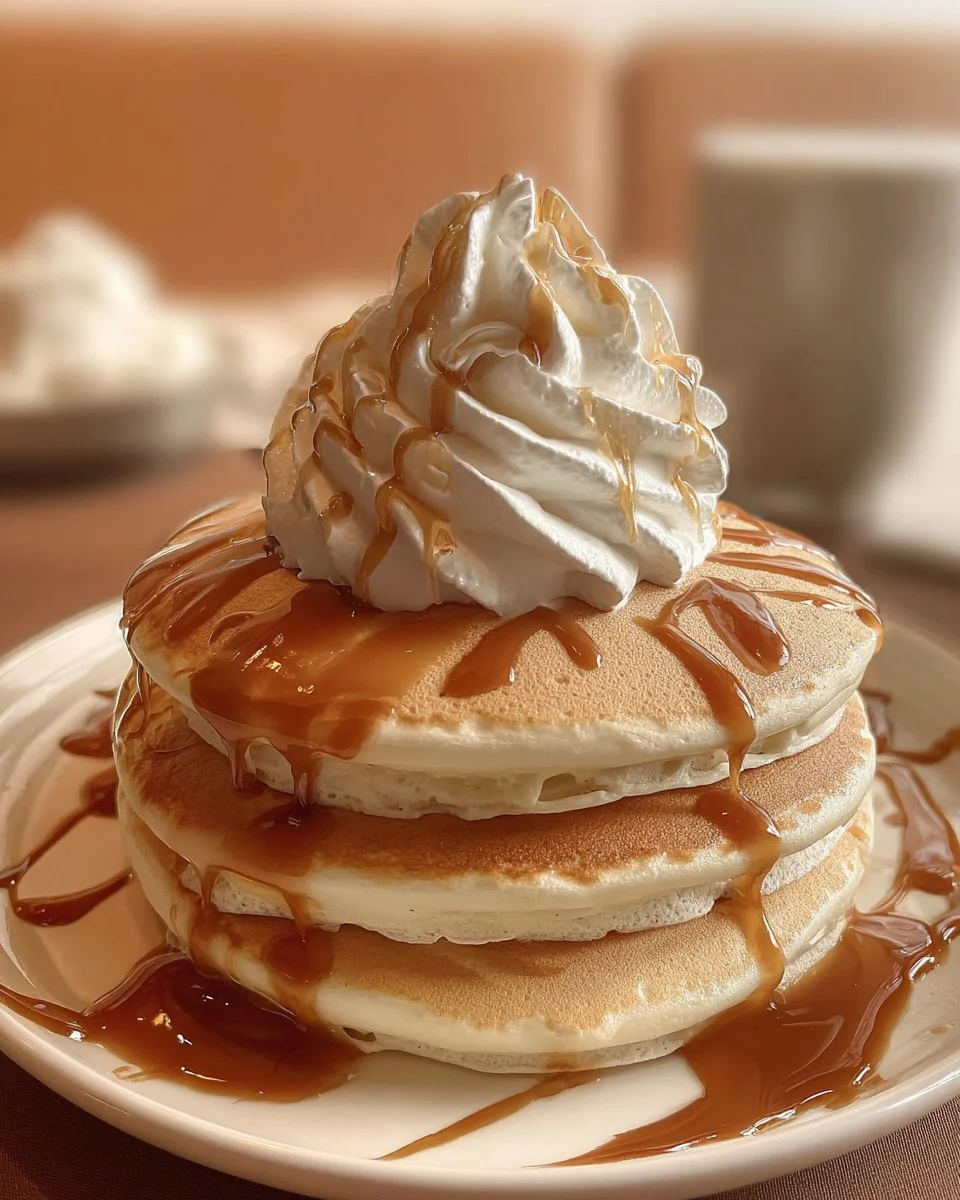 Butterbier-Pfannkuchen auf einem Teller mit Sahne und Karamellsoße