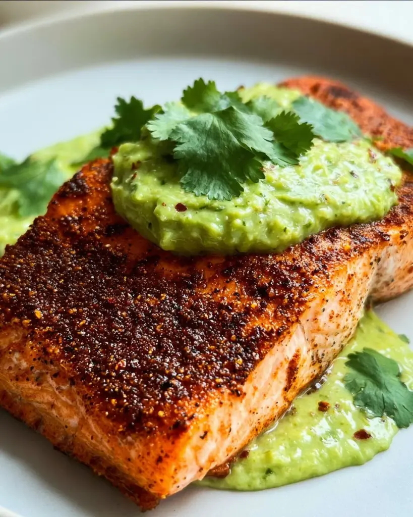 Cajun-Lachs mit Avocadosauce auf einem Teller angerichtet