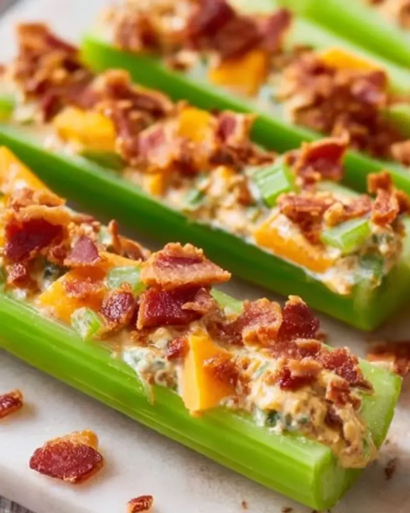 Leckere Cheddar-Bacon-Selleriestangen für Snacking und Parties