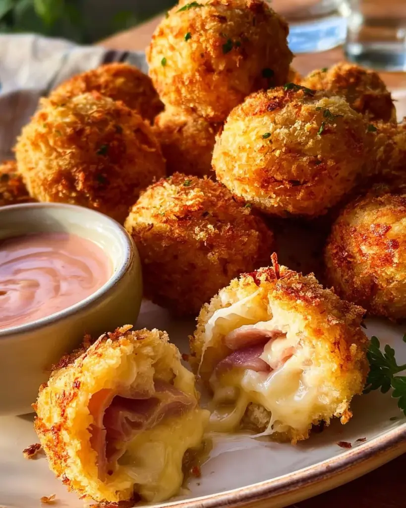 Cordon Bleu Bissen auf einem Teller, gefüllt mit Käse und Schinken.