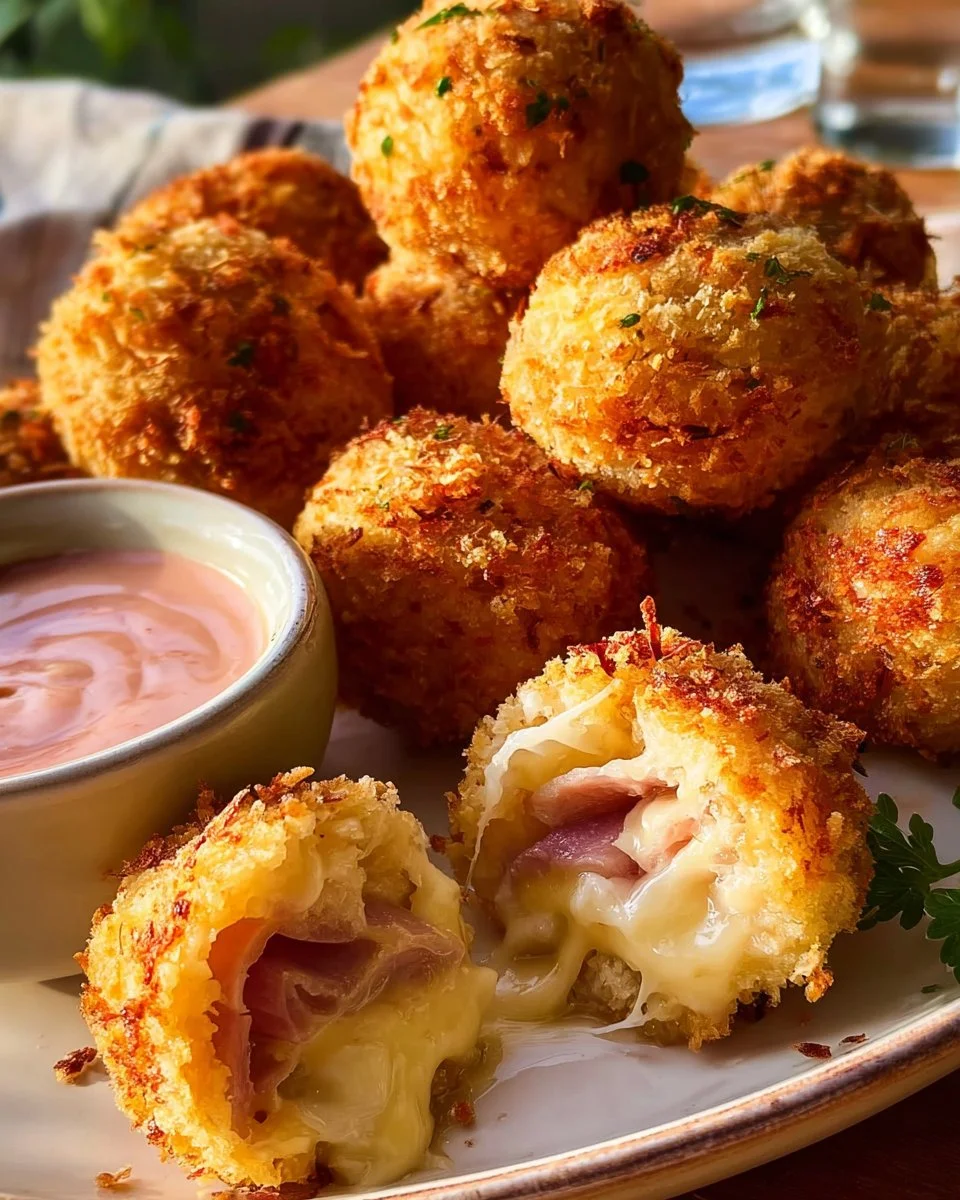 Cordon Bleu Bissen auf einem Teller, gefüllt mit Käse und Schinken.